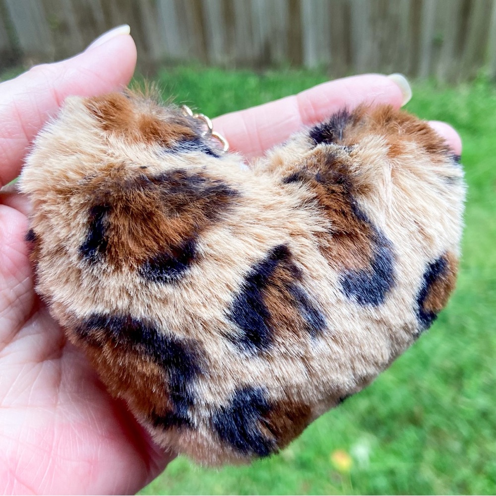 Faux Fur Leopard Print Heart-Shaped Soft 3D Bag Charm for Bags or Keychains